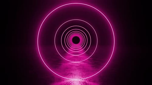Pink neon circles creating tunnel effect on reflective surface