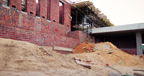 Construction, development and empty building at site, brick wall and concrete for engineering