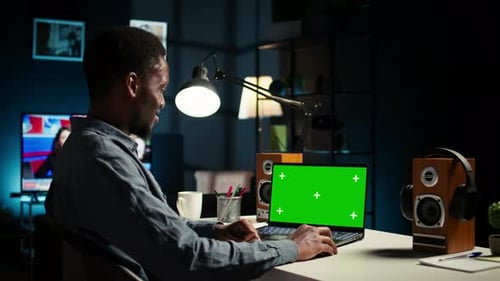 Self Employed Person Checking Financial Graphs on Chroma Key Screen