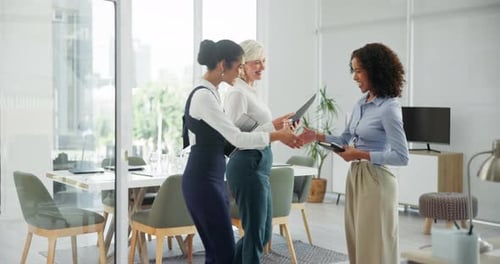 Business, women and welcome handshake in office for greeting, hiring and recruitment for corporate