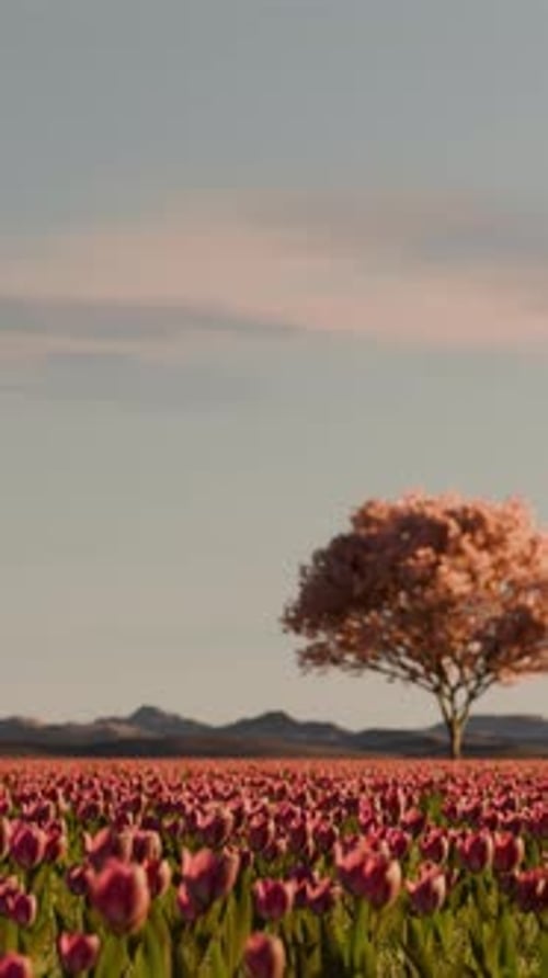Vertical Video of Seamless Loop of a Blooming Tulip Field at Day Light Tree Swaying in the Breeze
