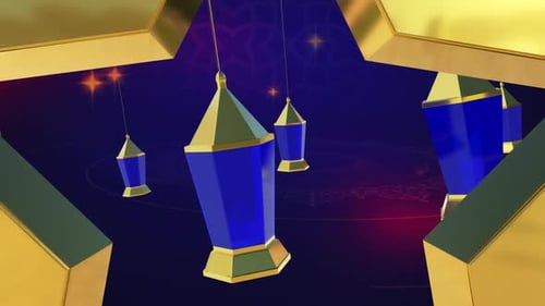 Golden Eid Mubarak Greeting Animation with Crescent Moon and Lanterns