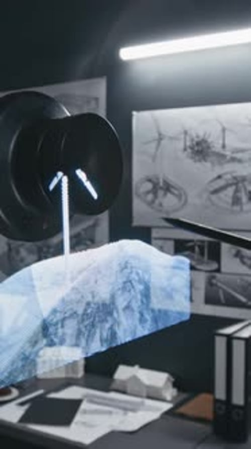 Vertical of Pointing at 3D Hologram of Wind Turbines at Conference