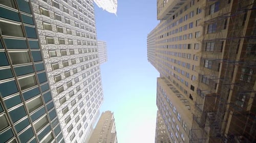 POV view of skyscraper buildings in the city. modern financial business district