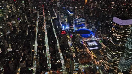 An aerial view of a city at night