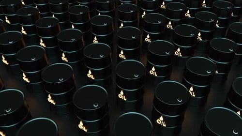 3D Animated Oil Barrels with Glowing Symbols Background