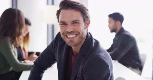 Businessman, portrait or confidence in meeting teamwork, collaboration or office financial company