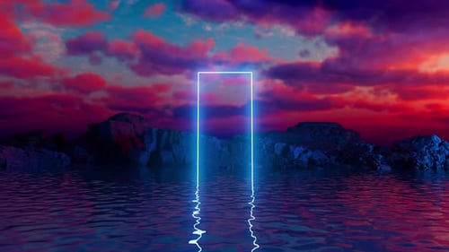 Neon glowing rectangular portal emerging from water with rocks and sunset clouds