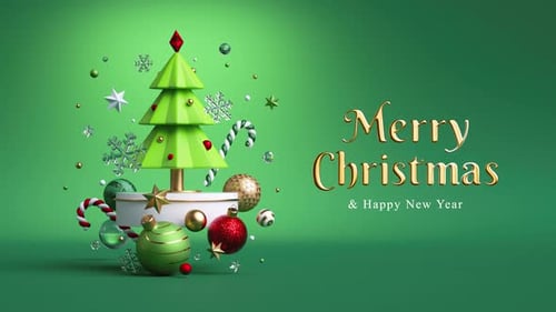 Merry Christmas greeting card with golden text and decorated fir tree toy