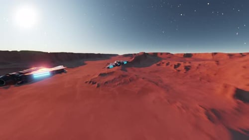 Futuristic Spaceships Flying Over Alien Planet