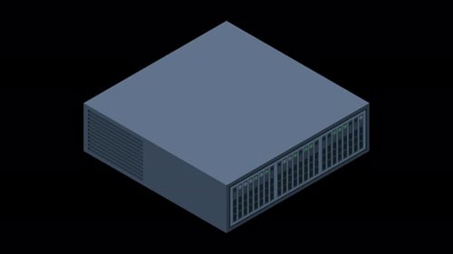 Isometrische Serveranimation. Server-Racks. Serverboxen isoliert. Netzwerk-Serverraum