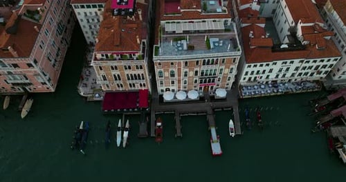 Waterfront Architectures With Gondola Boats In Grand Canal, Venice Italy. Aerial Shot