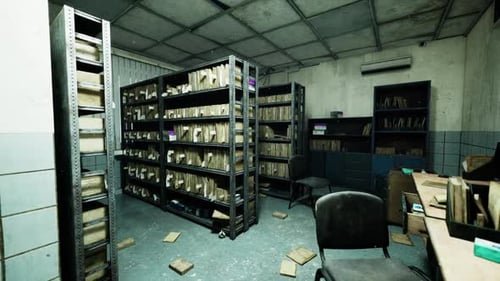 Abandoned Hospital Archives Filled with Neglected Files and Decaying Shelves