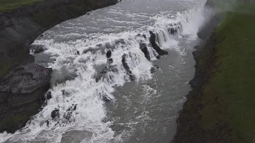 Aerial View of Gullfoss Waterfall Cascading Into a Deep Canyon in Iceland