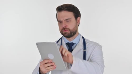 Doctor Using Tablet in front of White Background