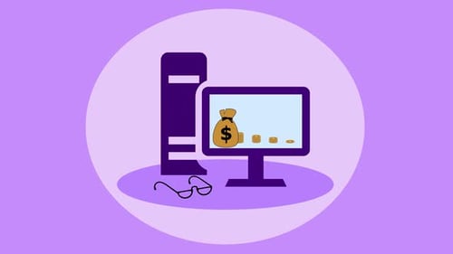 Computer Screen Money Bag Dollar Coin Graph Bar Purple Color Animation