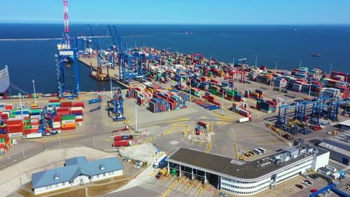 Aerial view of a busy shipping port