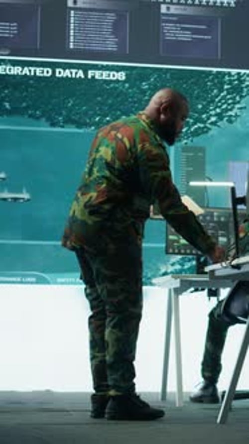 Vertical Video Military Team Operating in a High Tech Command Post Control Tower