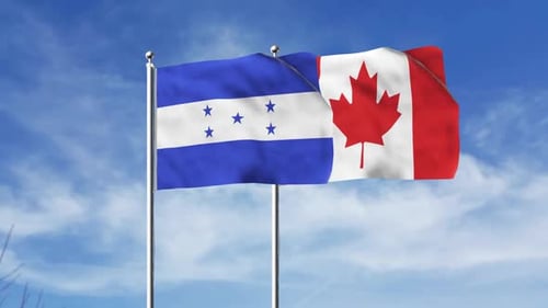Honduras and Canada Flags Waving Together in Realistic Sky