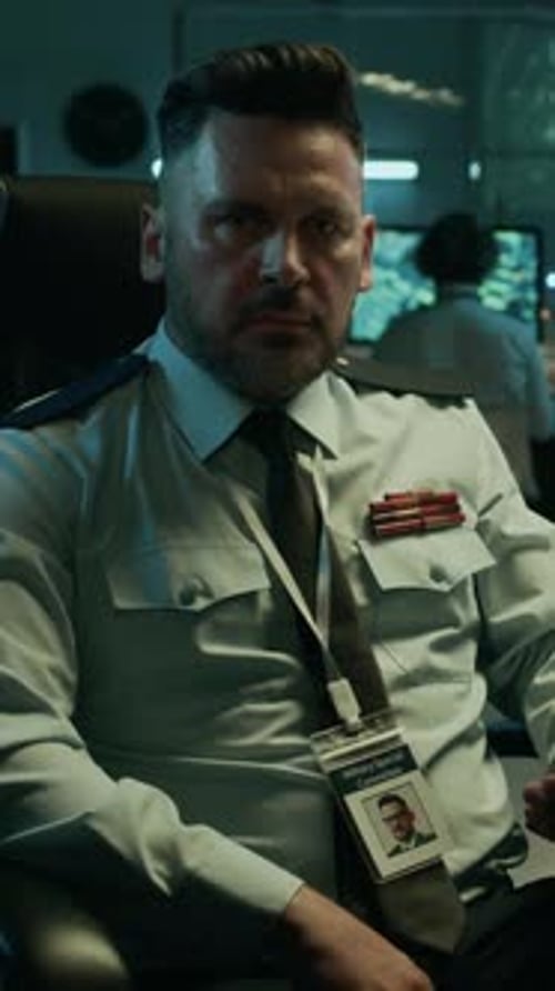 Portrait of Caucasian Male Military Analyst by Computer in Operations Center
