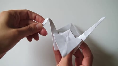 Einen Origami aus Papier falten, Nahaufnahme eines weißen Kranichs