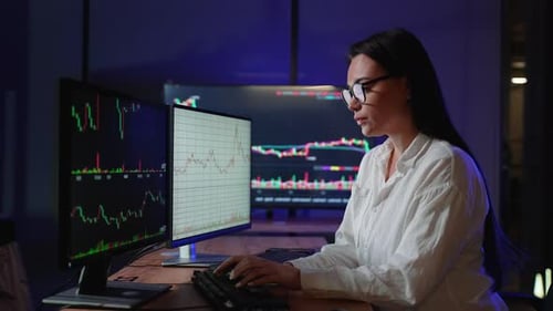 Female Stock Market Broker Analyzing Candles Graphs On Multiple Computer Screens Concept Of