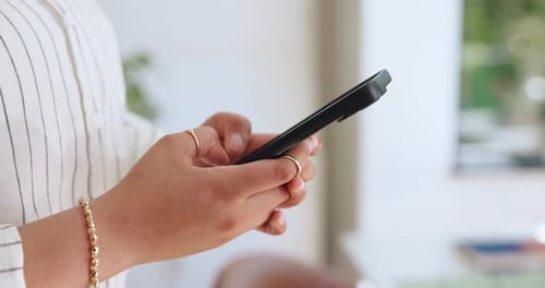 Woman, hands and typing with phone for social media, network or connectivity in office