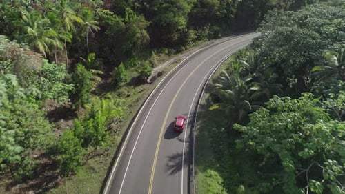 Aerial Tracking of Car Driving in Tropical Forest Road Dominican Republic