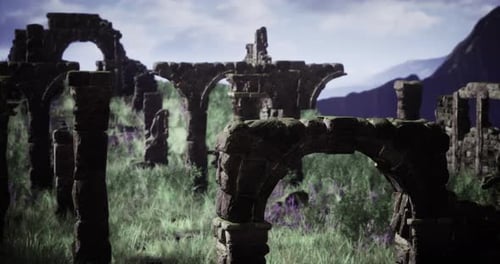 Ancient Stone Ruins Covered in Greenery on a Misty Day in a Mountainous Area