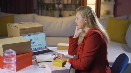 Woman talking on phone works at laptop from home