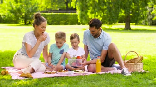 Happy Family Enjoying Summer Picnic in Green Park