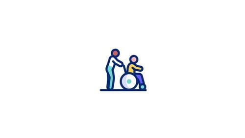 Animated Flat Design Icon of Caregiver Pushing Wheelchair