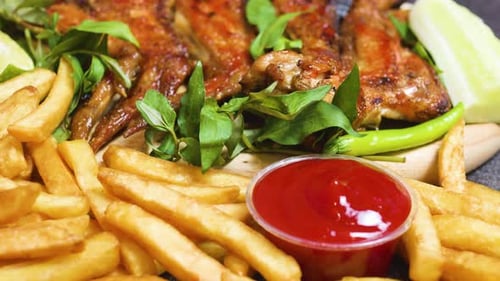 Roasted chicken wings on wooden board, nestled with golden fries, herbs, ketchup