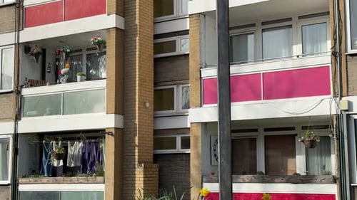 Apartment Building Exterior with Balconies and Hanging Plants