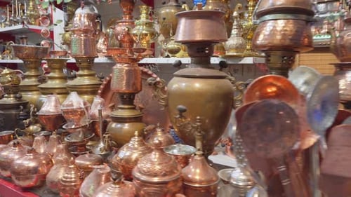 Wide range of traditional Iranian copper cookware, Kashan, Iran