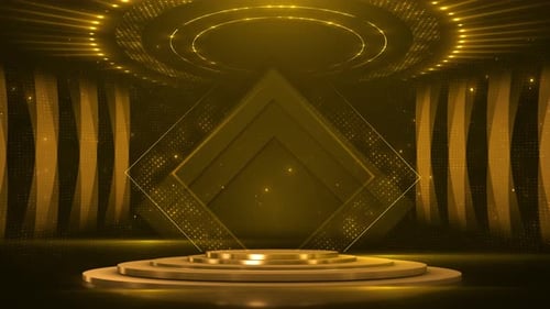 luxury awards Stage opening golden stage glitter animation, spotlights party stage Stars, lights par