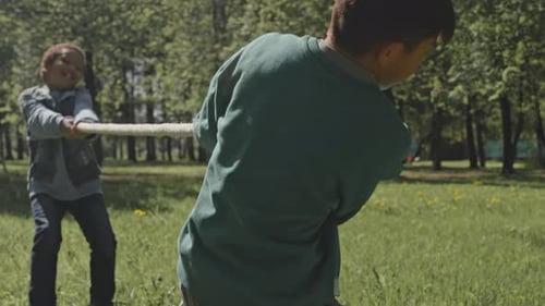 Niños alegres jugando al tira y afloja en el parque