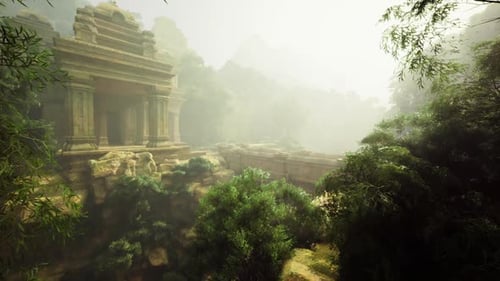 Des reliques abandonnées cachées dans un feuillage tropical luxuriant et de la mousse