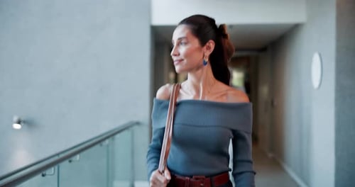 Business, woman and walk with bag in lobby for corporate seminar and travel in morning