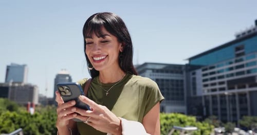 Woman, laughing or scroll with phone in city for text message conversation