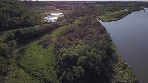 Lush aerial of vivid green prairie river valley wetland marsh