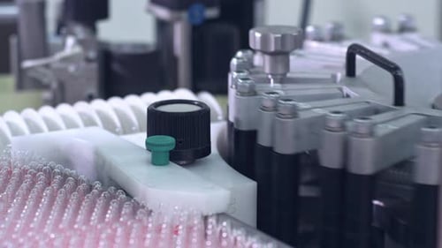 Medical ampoules automated manufacturing on production line at pharmaceutical plant