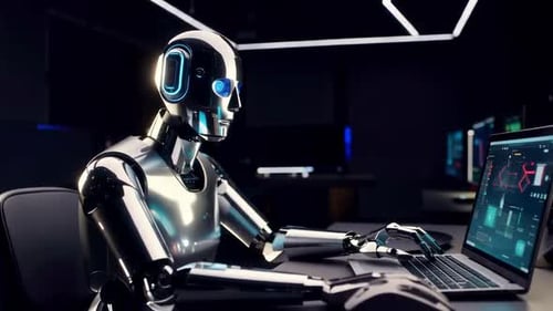 Futuristic AI Robot Typing on Laptop in High Tech Lab