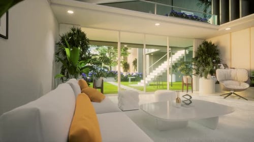 Modern White Interior With Beautiful Backyard View. Home Living Room Design