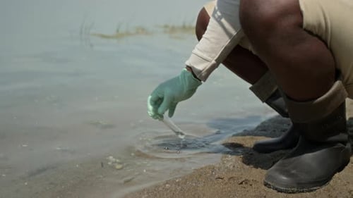 Black Male Ecologist Taking Water Sample from Lake with Test Tube