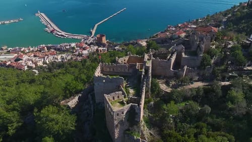 Aerial Video Majestic Fortress With Historic Stone Walls On A Cliff A Stunning View Of The Sea And