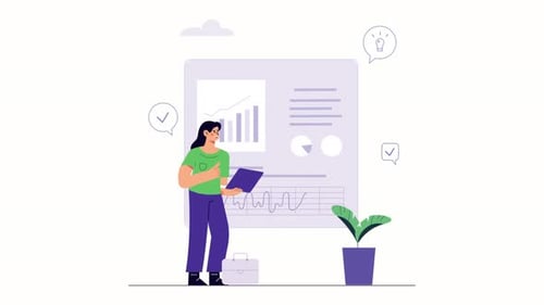 Animated Flat Design Businesswoman Analyzing Corporate Data Charts