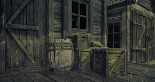Rustic Wooden Storage Area with Barrels and Crates in Dim Light