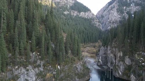 Vista panorâmica de um rio serpenteando por densas florestas perenes e penhascos rochosos mostrando o
