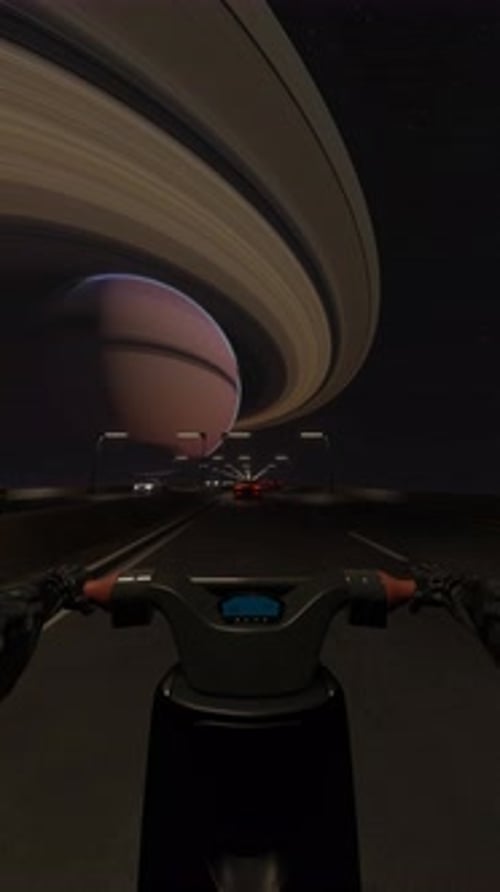 Vertical Video A Motorcycle Rides Along a Space Highway Synthwave Style